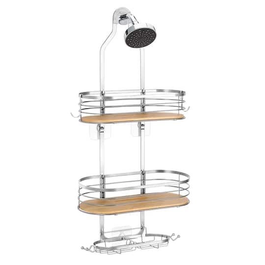 NEX™ Silver Stainless Steel & Bamboo Hanging Caddy Shower Organizer with Hooks